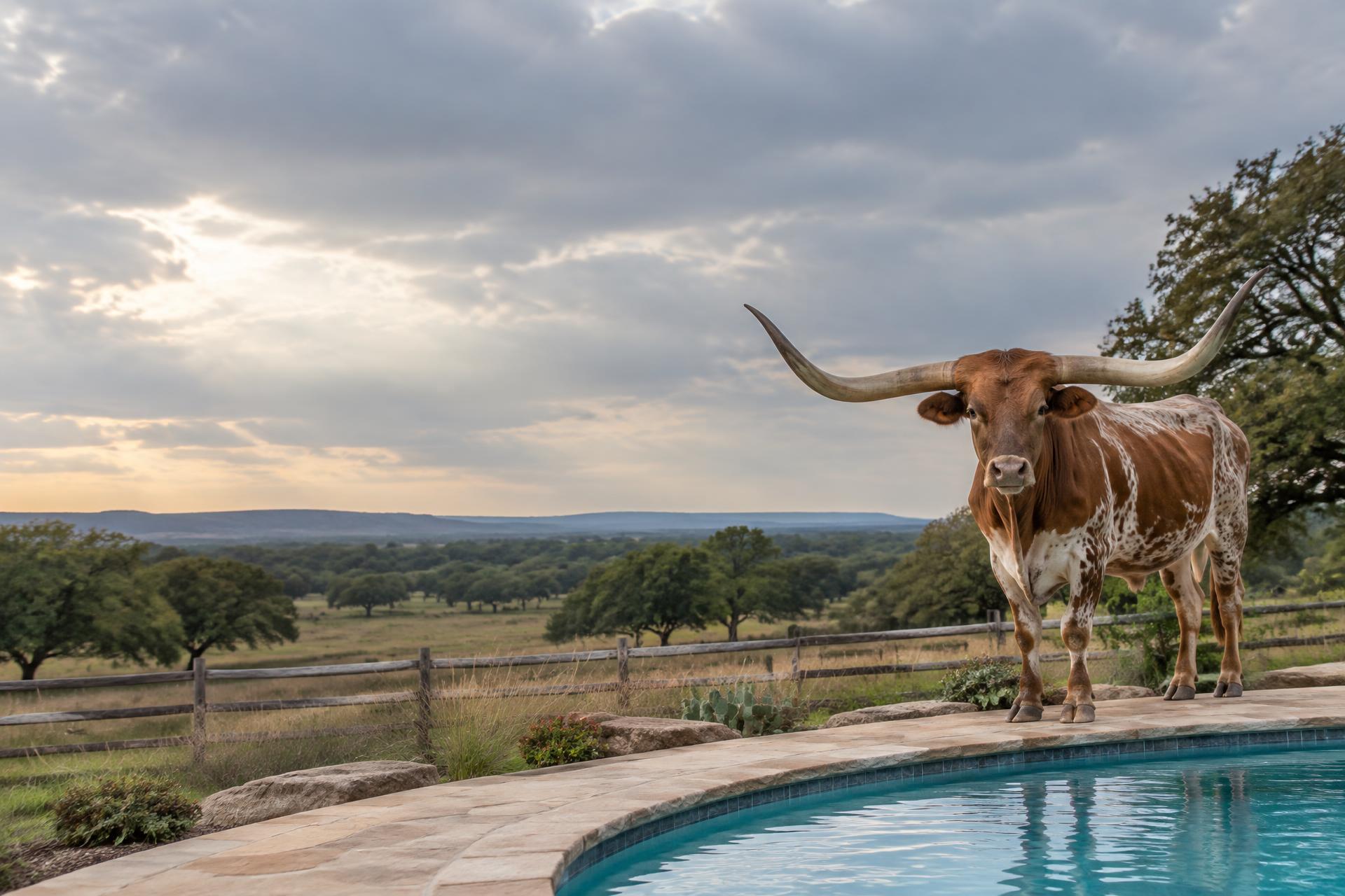 Texas longhorn beside a clear pool overlooking a North Texas ranch