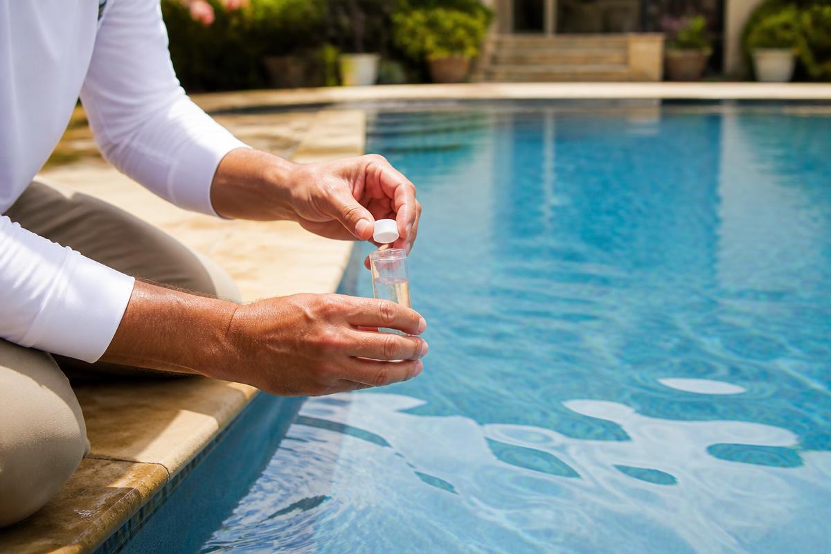 Pool water sample being checked beside clear water