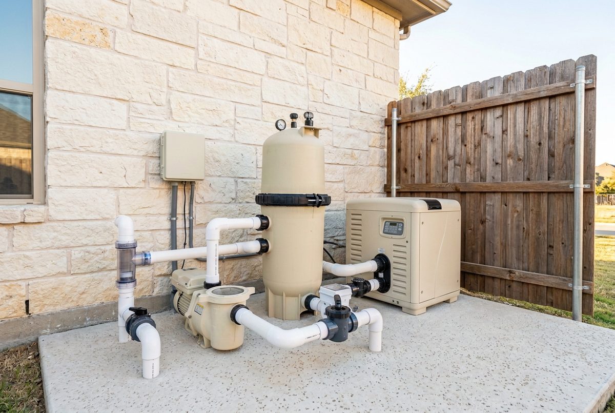 Pool filter and pump equipment on a clean pad