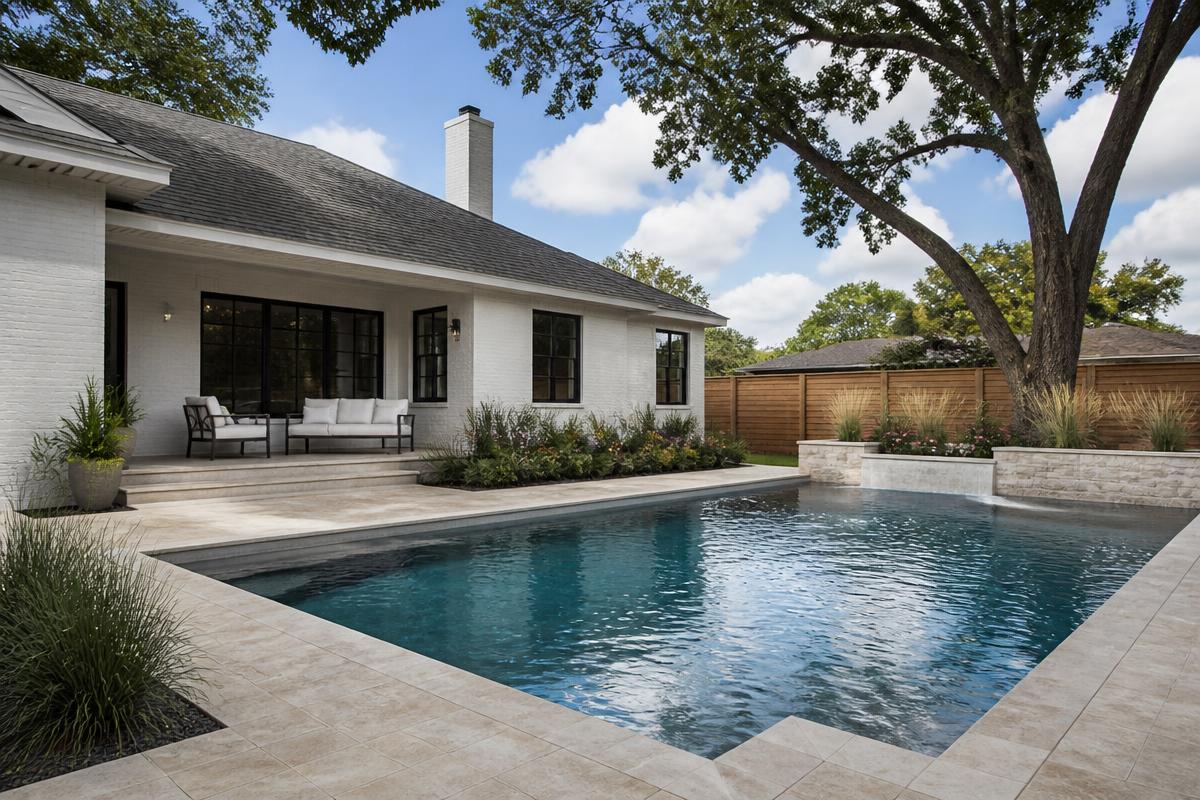 Recently remodeled geometric backyard swimming pool