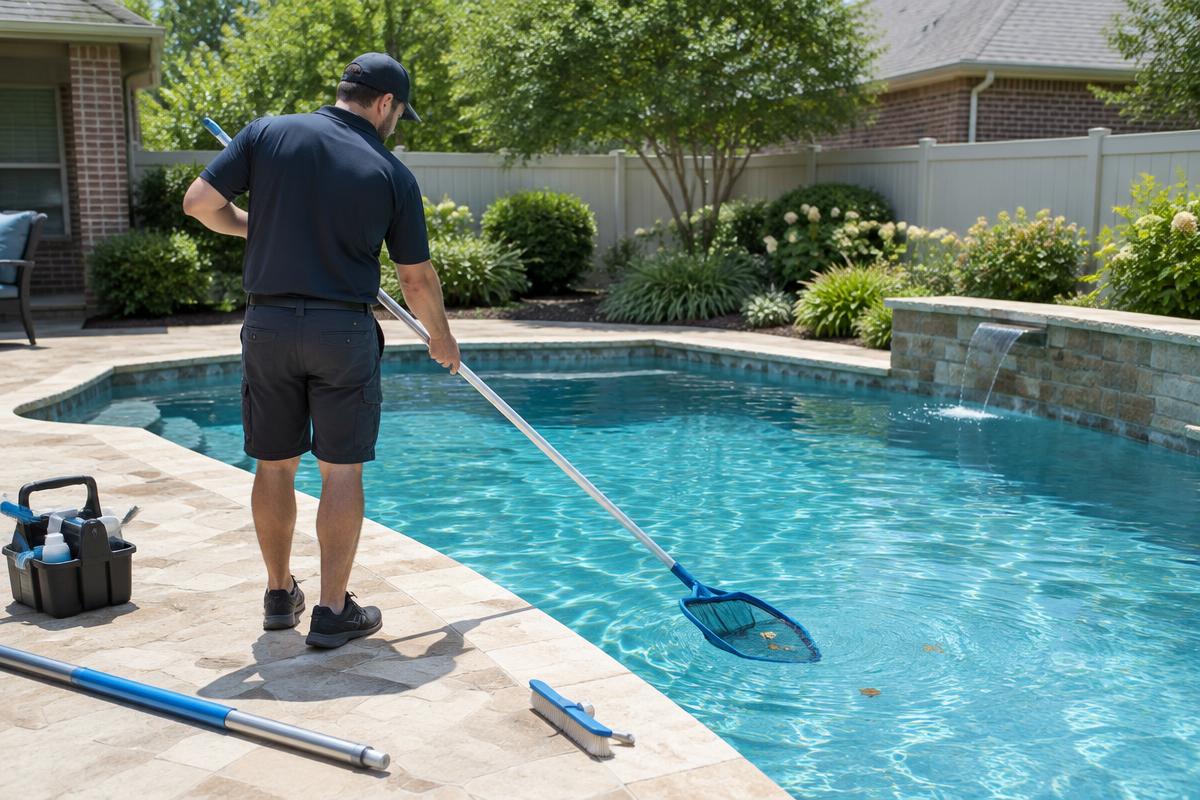Pool technician skimming a backyard pool during a weekly service visit